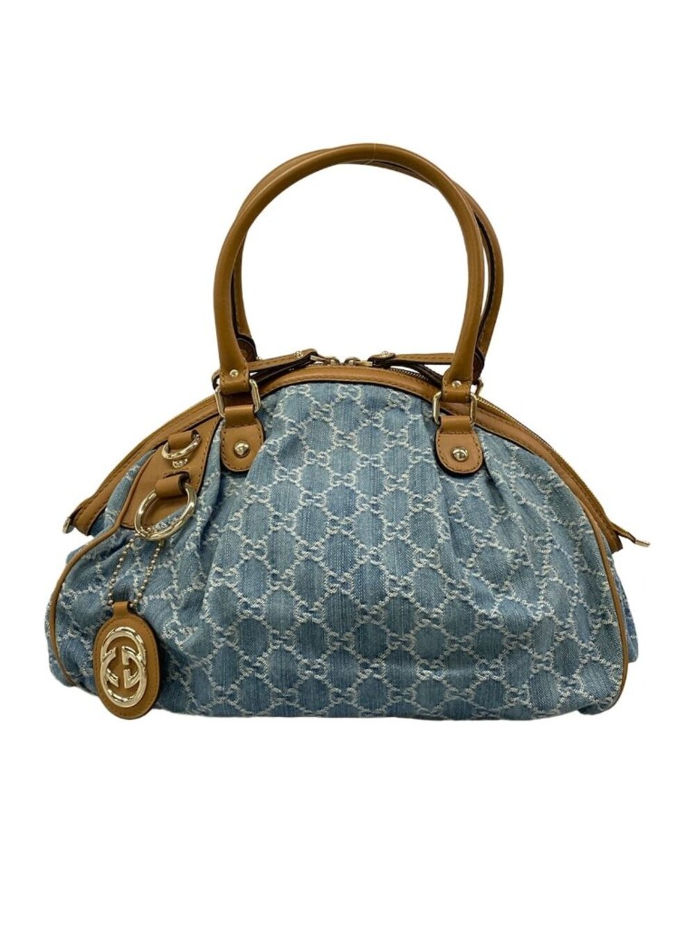 Gucci Handbag GG Pattern Sukey Light Blue Brown Leather